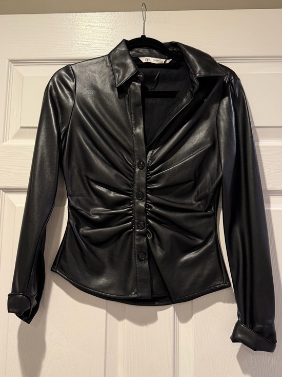 Zara Tops - Zara Black Faux Leather Button-Up Shirt with Point Collar Size XS